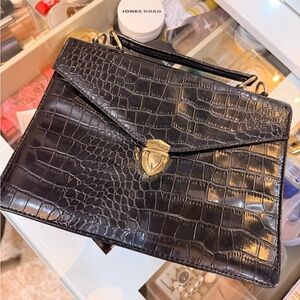 Black Croc-Embossed Handbag with Gold Accents